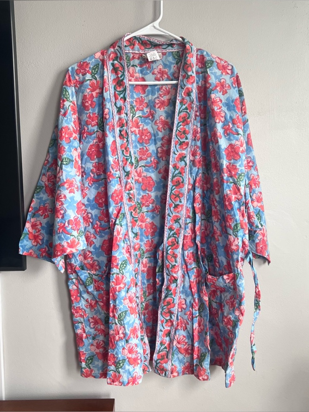 Anokhi Floral Block Print Kimono Short Robe 100% Cotton